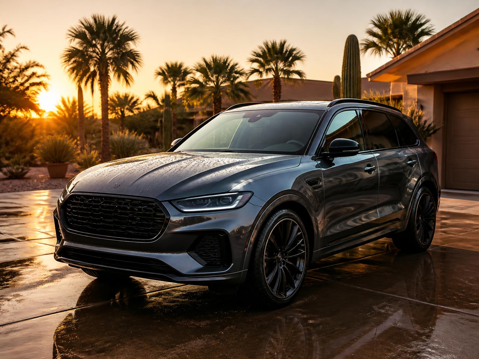 Freshly detailed dark SUV parked in a Phoenix driveway at sunset