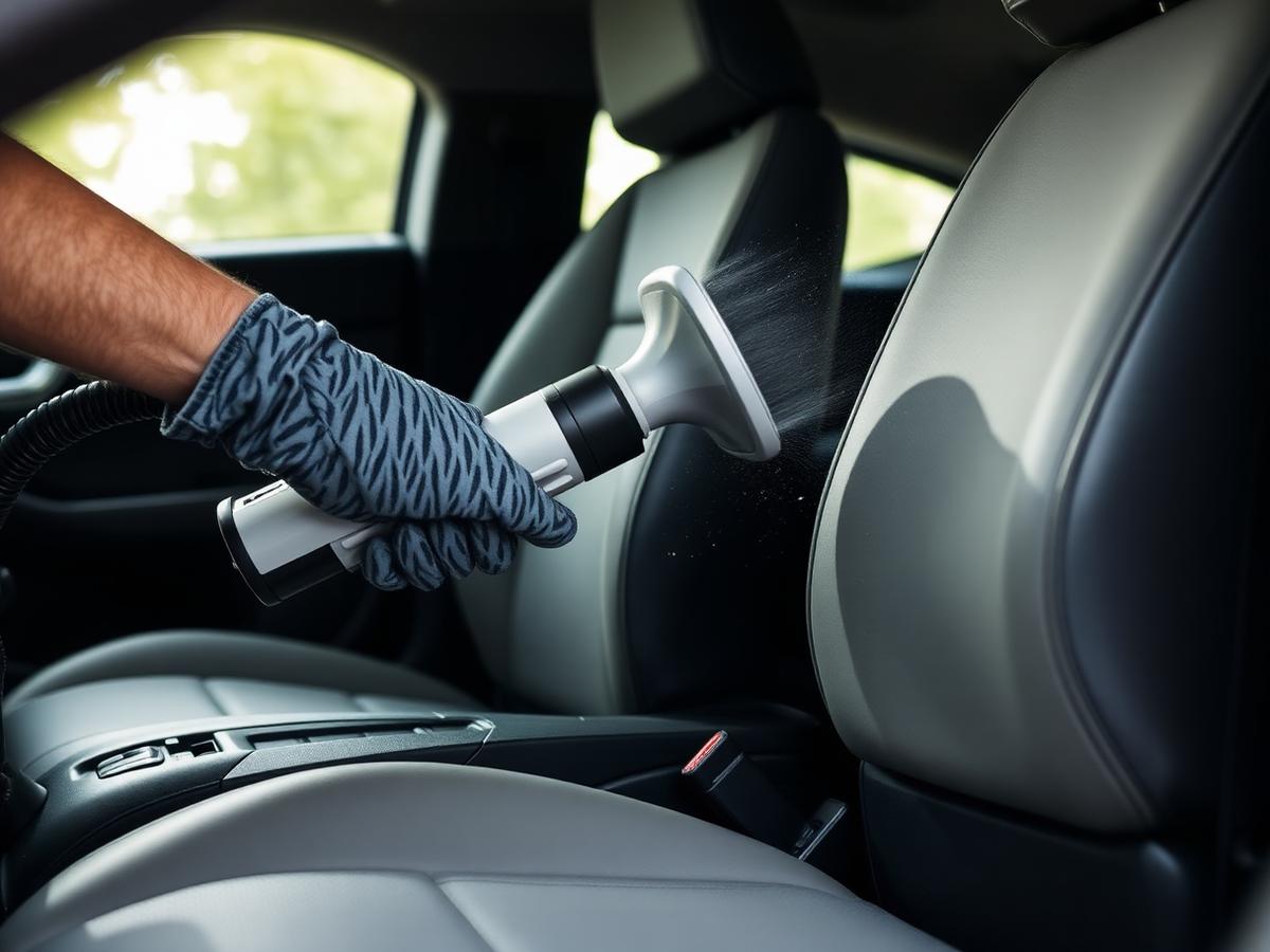 Detailer steam-cleaning a car's leather seat interior