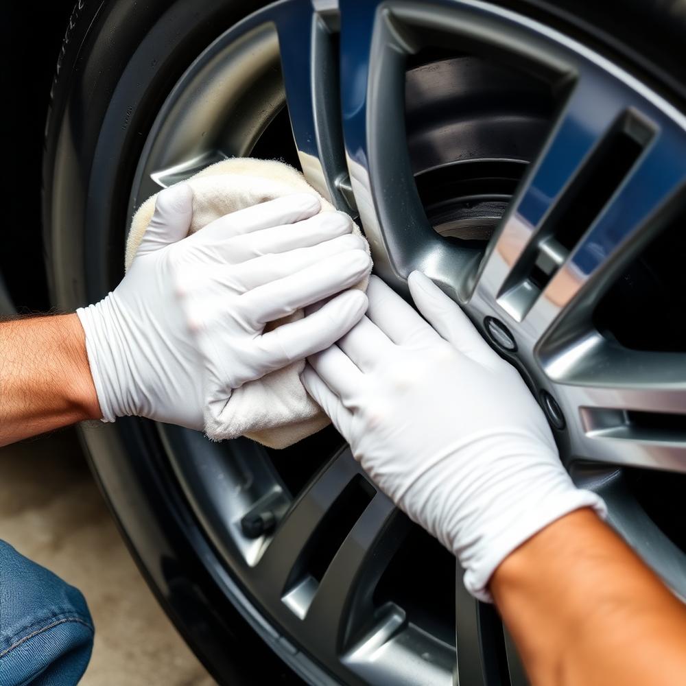 Detailer polishing an alloy wheel until it shines